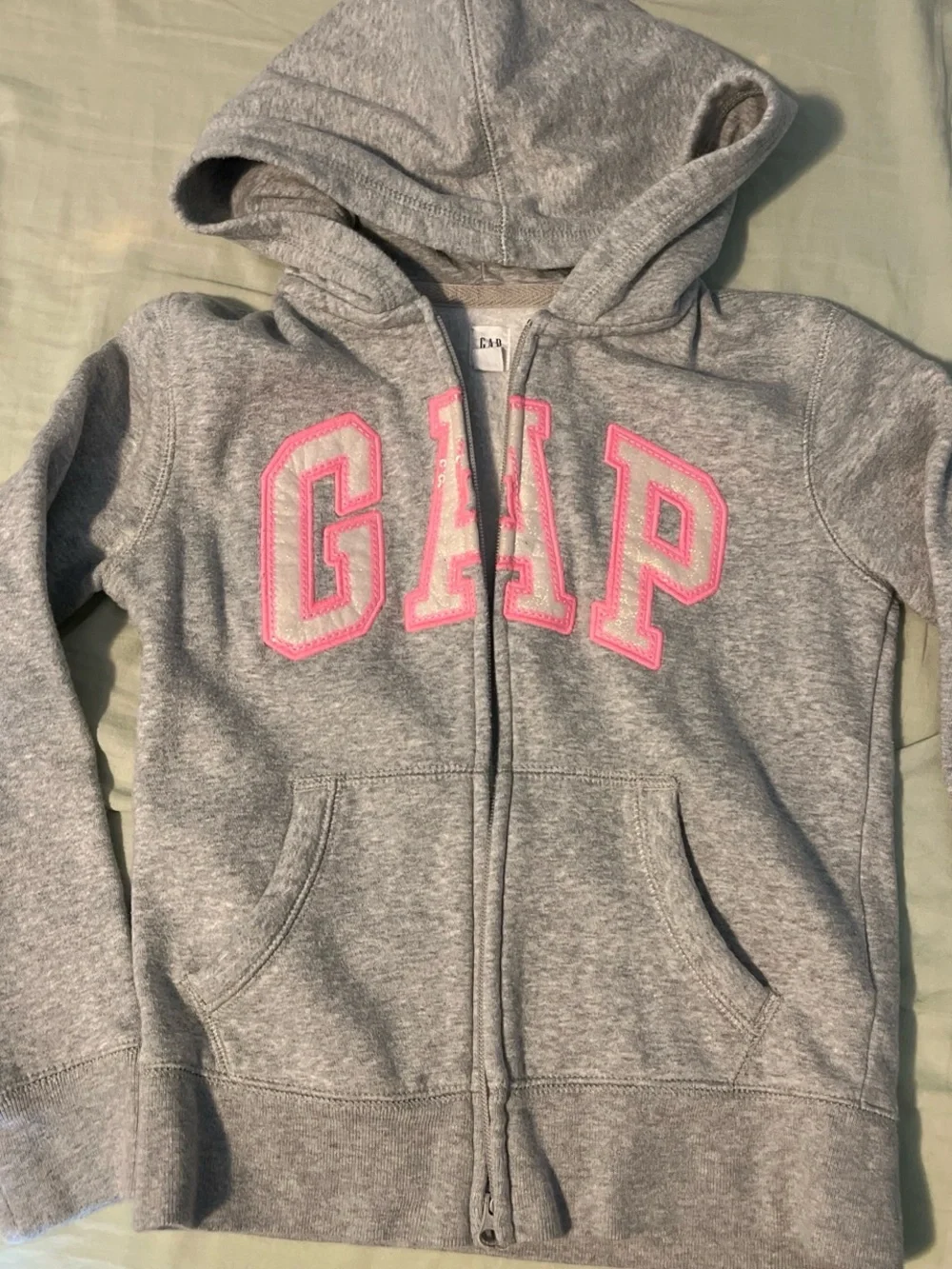 GAP Kids Gray Zip Hoodie with Pink Lettering